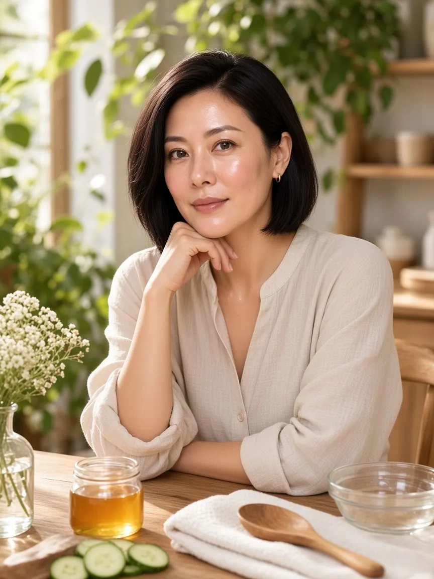 Mulher com ingredientes naturais de skincare